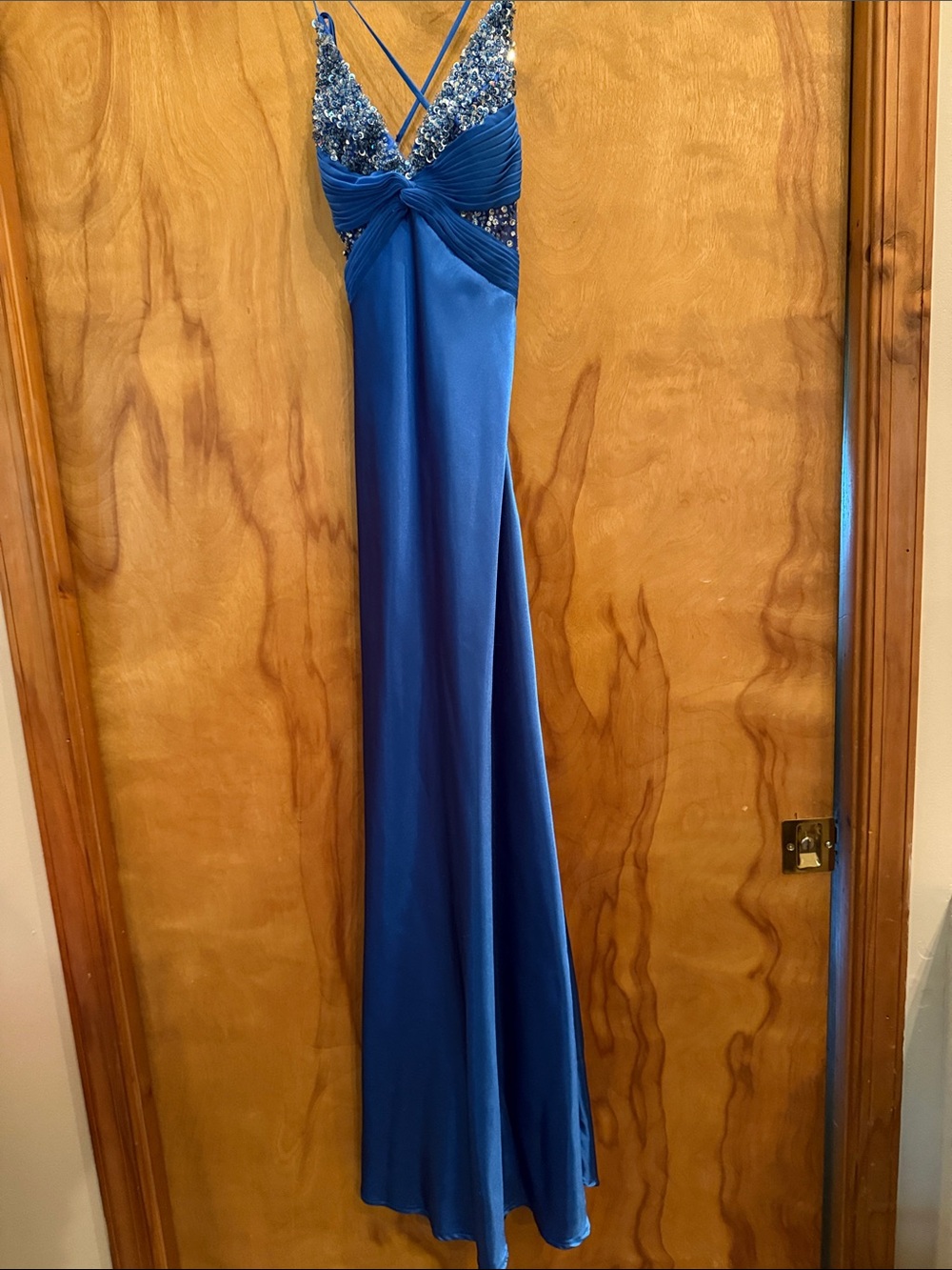 Faviana Couture Blue Beaded V-Neck Evening Gown